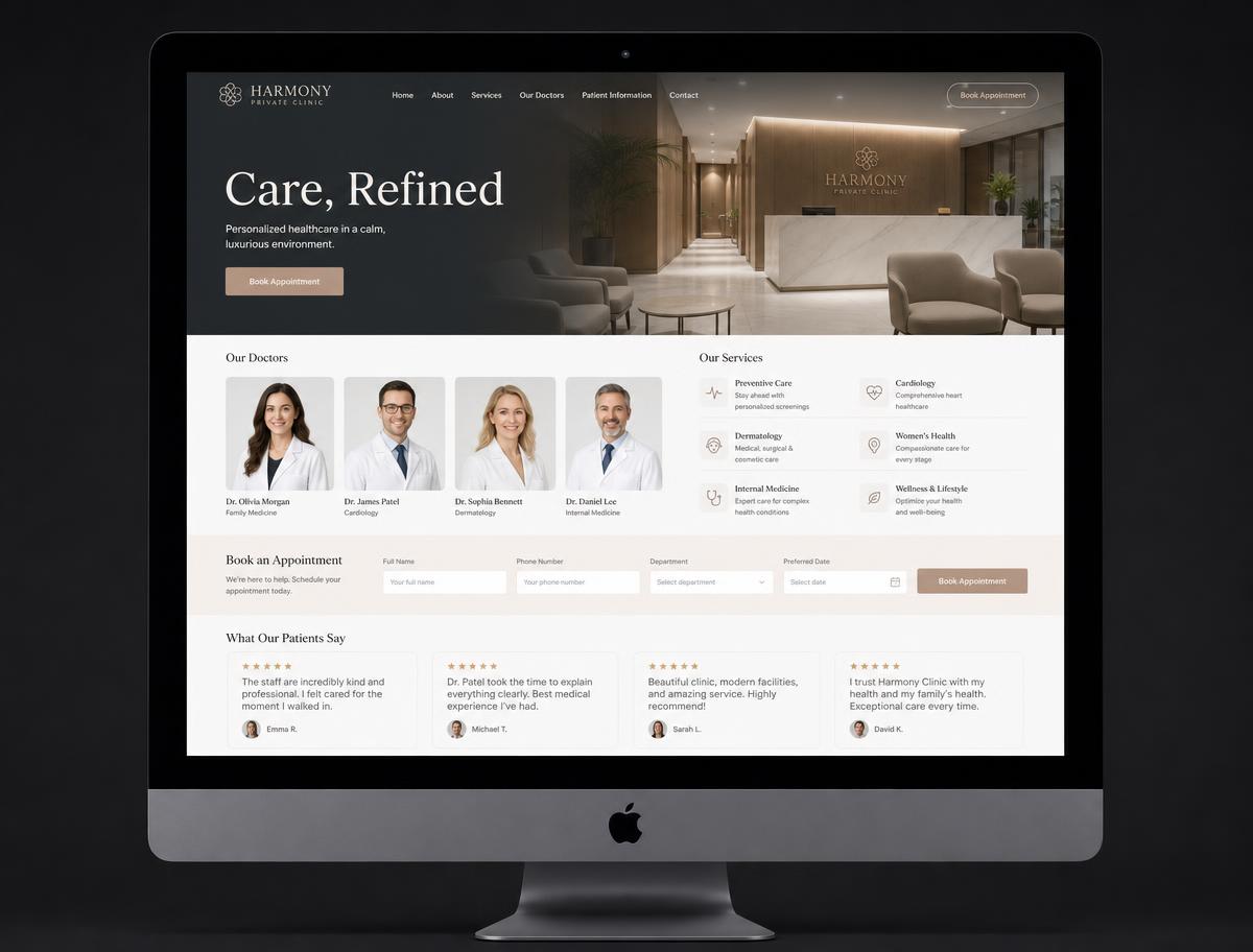 Private medical clinic website design shown on an Apple desktop computer