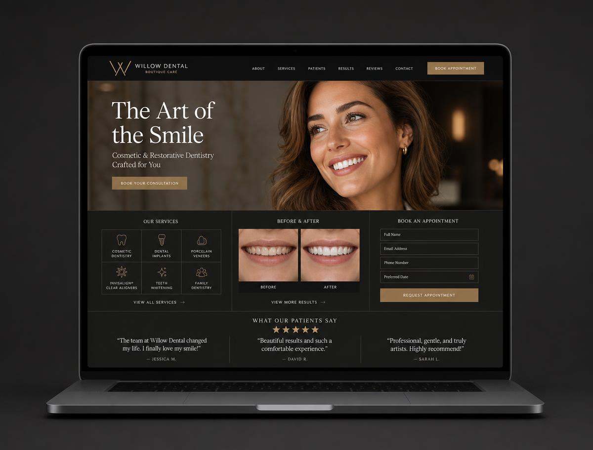 Refined dental practice website design shown on a MacBook