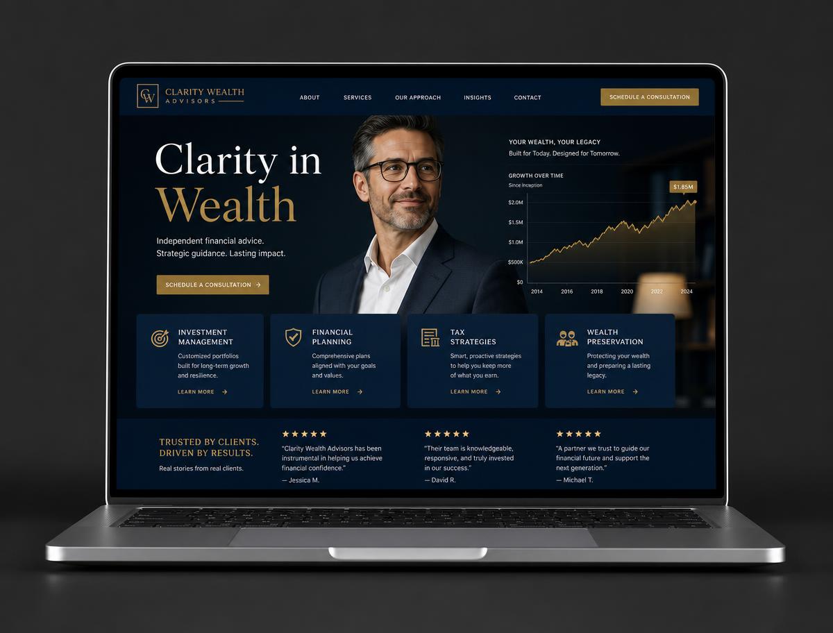 Financial consulting website design shown on a premium laptop