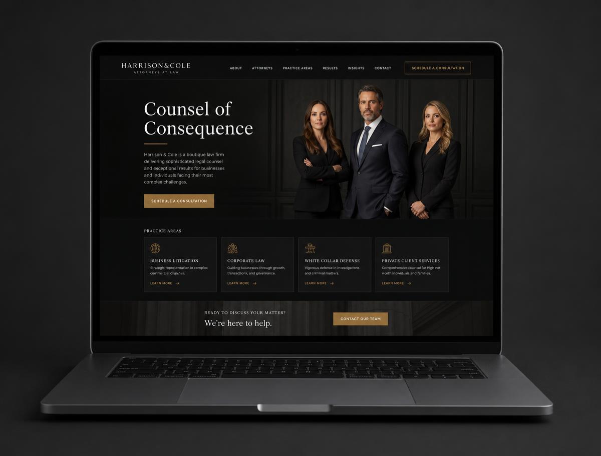 Refined law firm website design shown on a MacBook