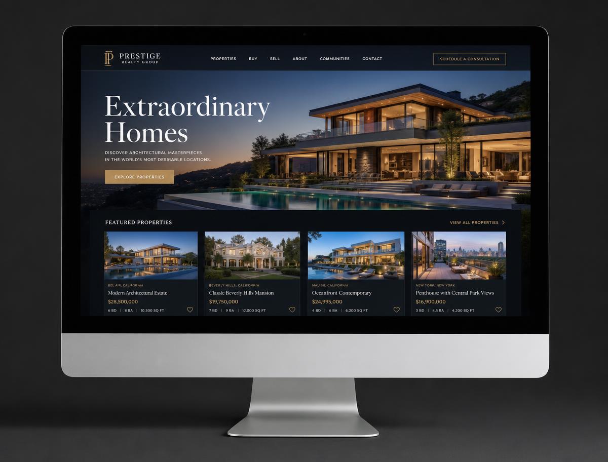 Premium real estate website design shown on a desktop monitor