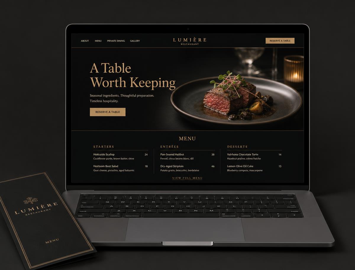 Fine dining restaurant website design shown on a premium laptop beside a printed menu